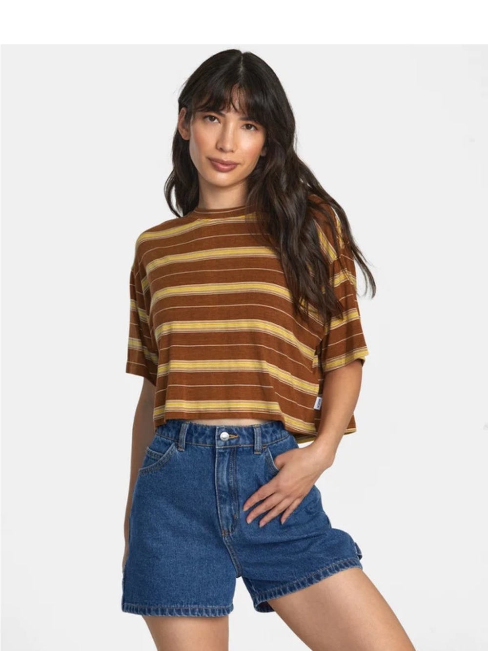 RVCA Brown & Yellow Striped Cropped Tee